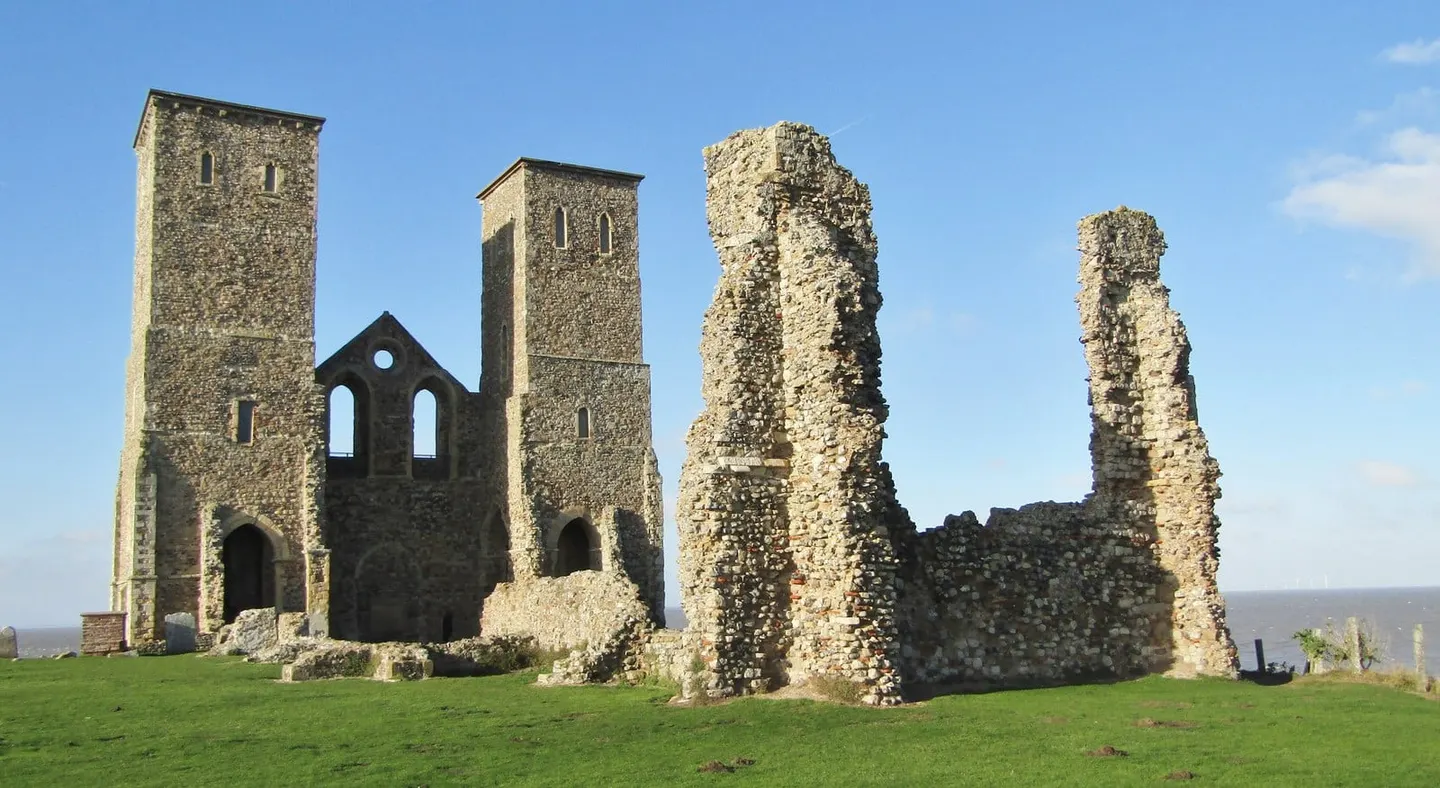 Photo of Reculver Towers and Roman Fort, a ruined monastery near Fordwich, Kent, south east England.