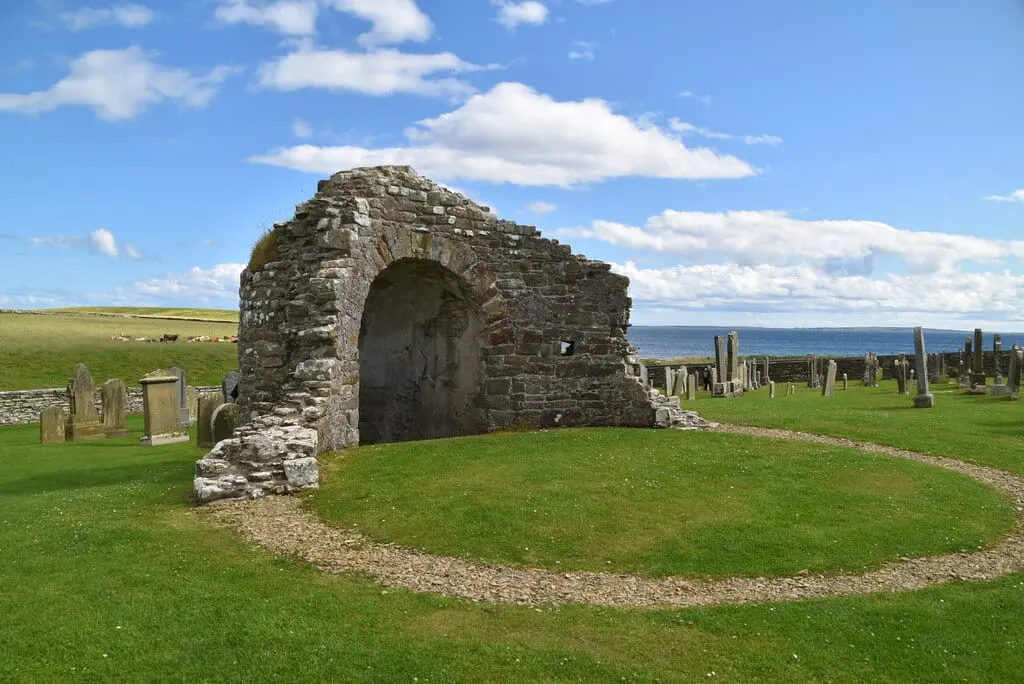 Photo of Orphir Round Church, a church in the Orkney Islands, the Scottish Highlands and Islands.