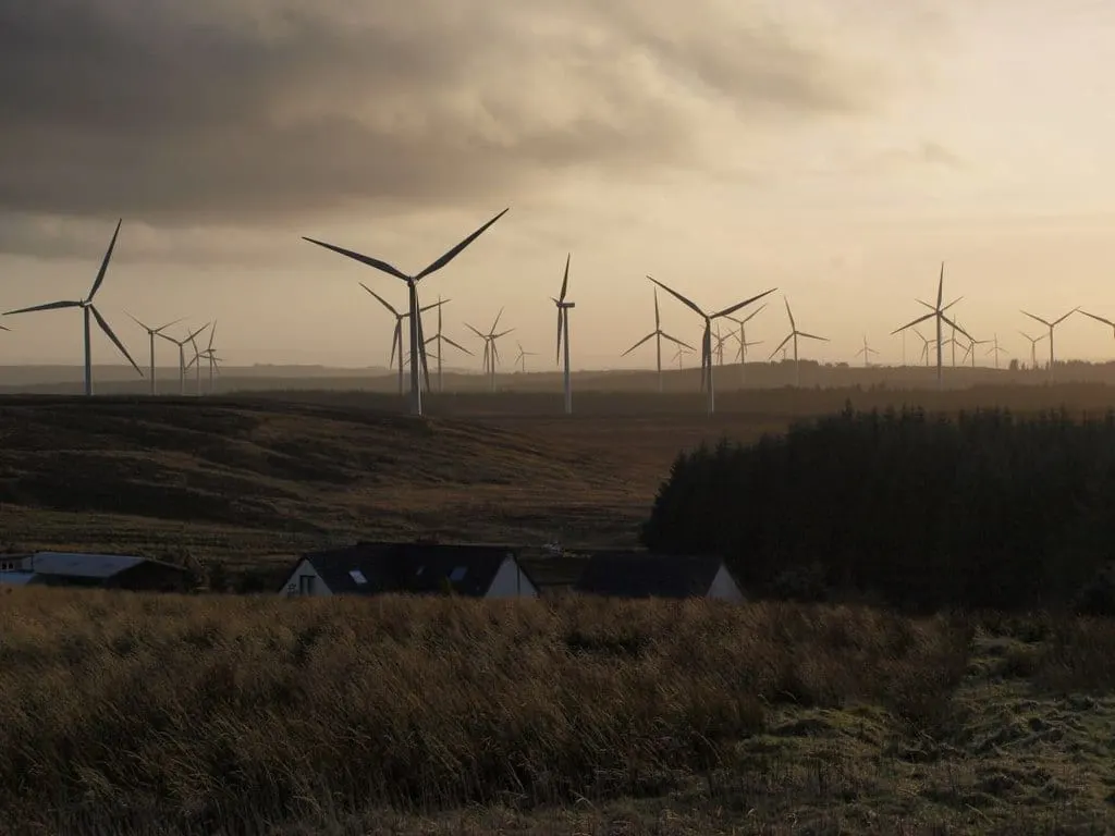 Photo of Whitelee Windfarm, a visitor attraction near Eaglesham, East Renfrewshire, central Scotland.