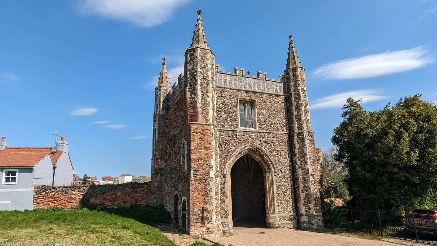 Photo of St John's Abbey Gate, Colchester, a ruined abbey in Essex, eastern England.