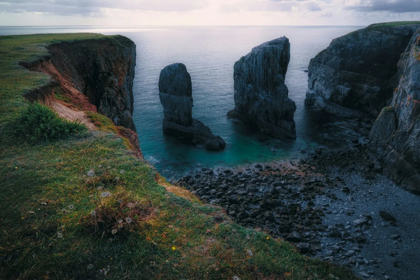 Photo of Elegug Stacks, a rock formation near Angle, Pembrokeshire, south west Wales.