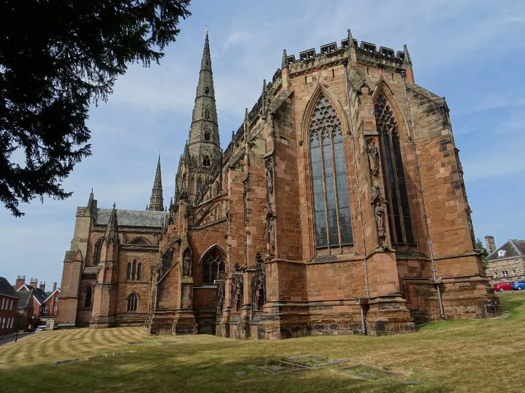 Photo of Lichfield Cathedral, a church in Staffordshire, central England.