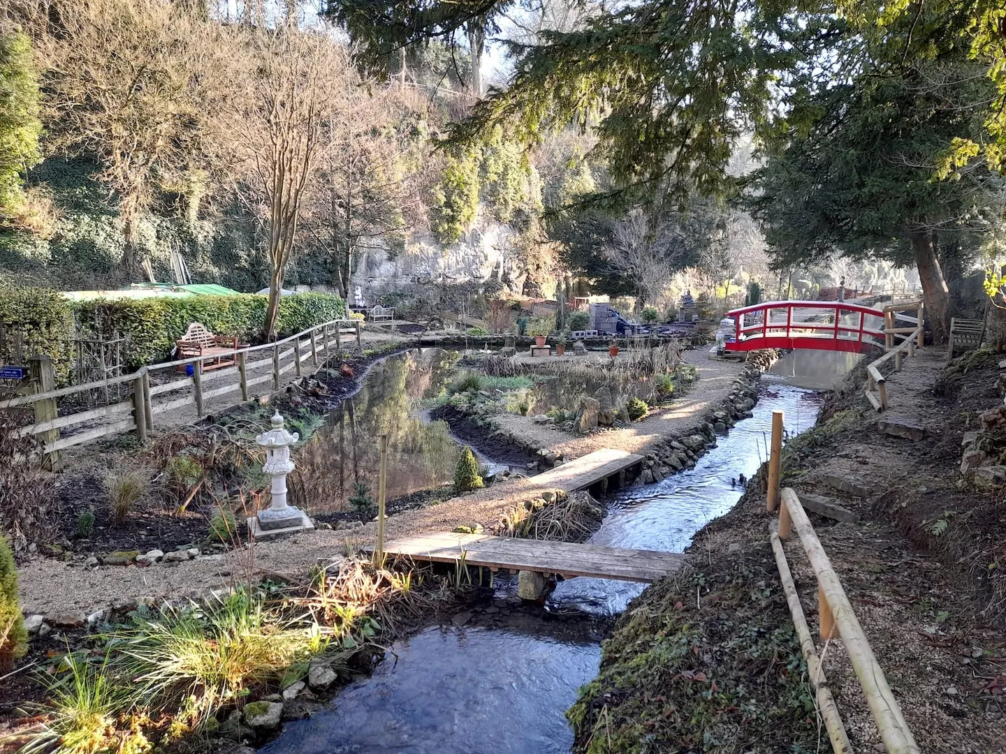Photo of Cascades Gardens, a garden near Bonsall, Derbyshire, central England.