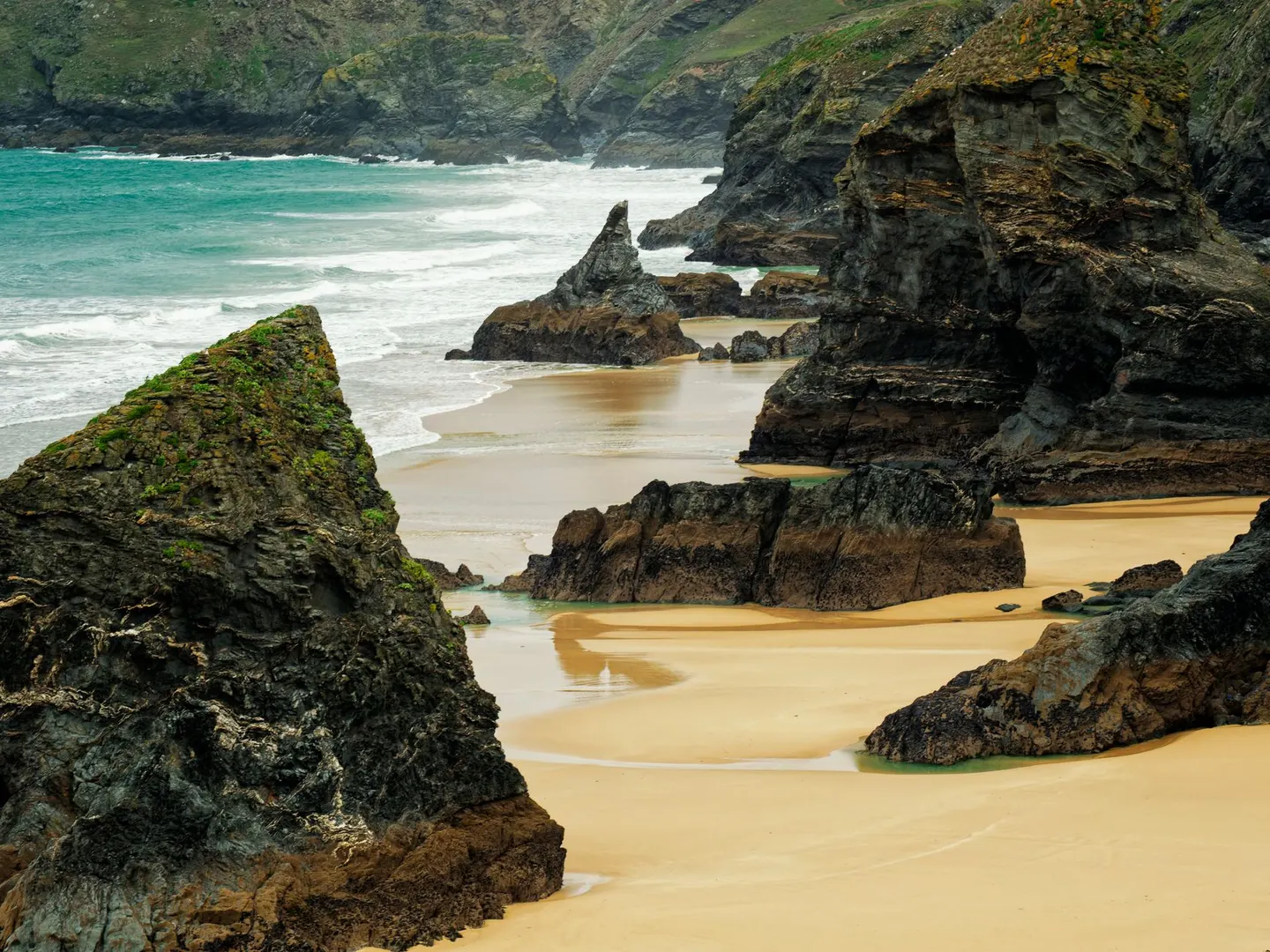 Photo of Bedruthan Steps, a Site of Special Scientific Interest near Padstow, Cornwall, south west England.