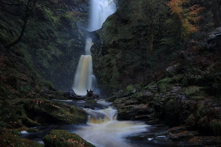 Photo of Pistyll Rhaeadr, a waterfall near Llanarmon Dyffryn Ceiriog, the Powys, mid Wales.