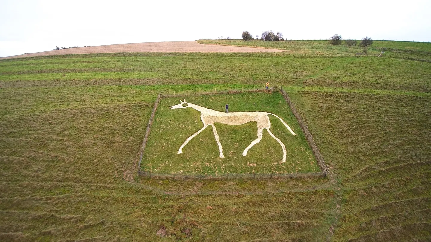 Photo of Pewsey White Horse, a hill figure near Wootton Rivers in the North Wessex Downs, Wiltshire, south west England.