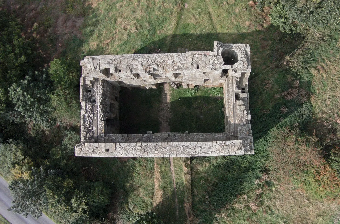 Photo of Whorlton Castle, the earthworks of a former castle near Osmotherley in the North York Moors, North Yorkshire, northern England.