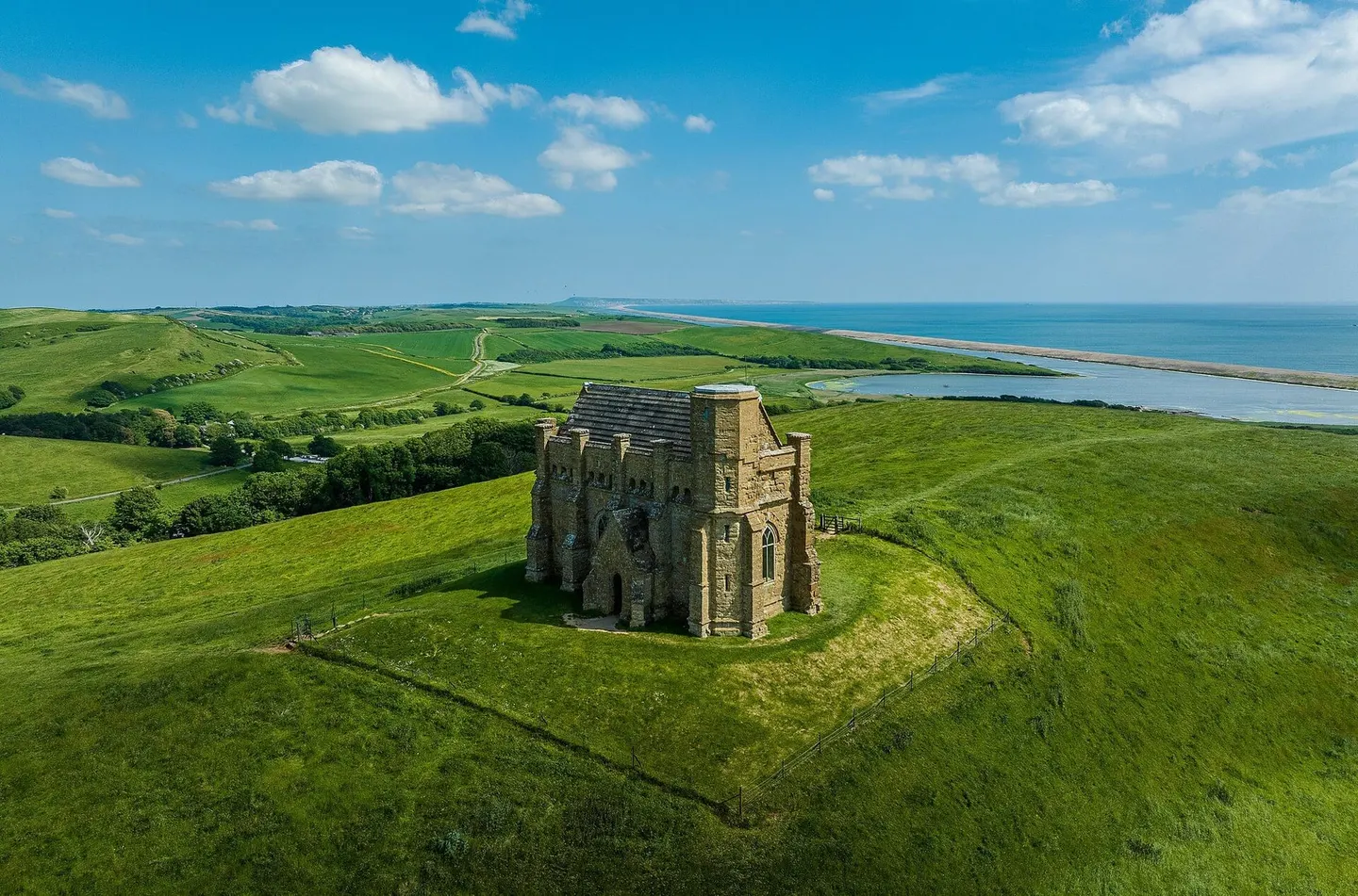 Photo of St Catherine's Chapel, Abbotsbury, a ruined chapel in Dorset, south west England.
