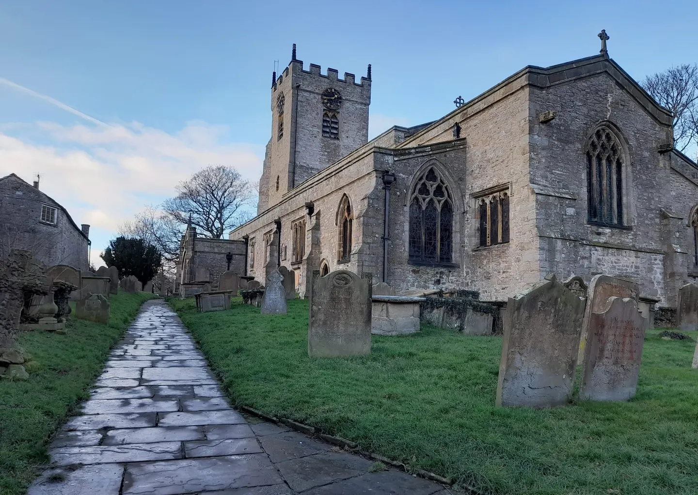 Photo of St Mary and St Alkelda's Church, a church near Middleham, North Yorkshire, northern England.