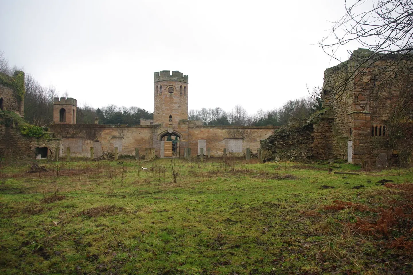 Photo of Ravensworth quadrangular castle, a ruined castle near Newcastle upon Tyne, Tyne and Wear, north east England.