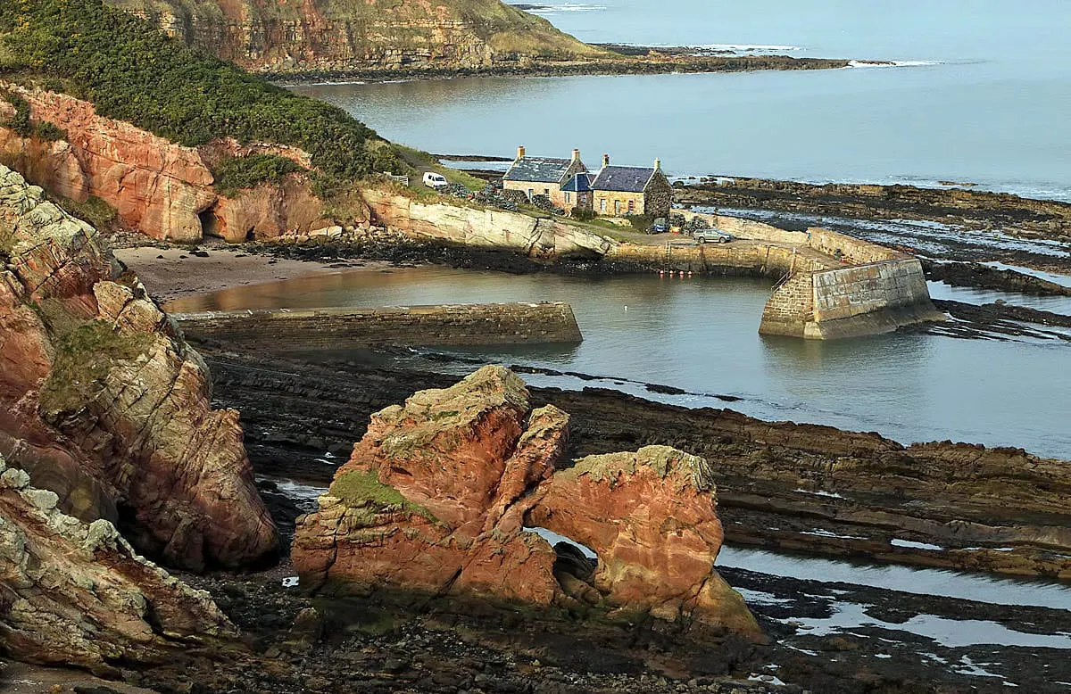 Photo of Cove Harbour, a landmark near Dunbar, the Scottish Borders, southern Scotland.