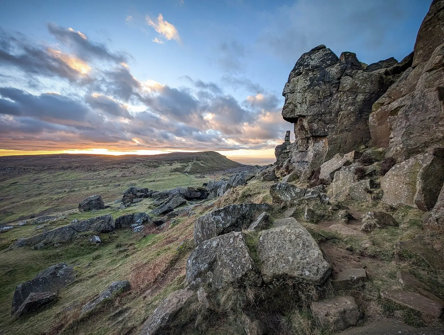 Photo of The Wainstones, a rock formation near Battersby in the North York Moors, North Yorkshire, northern England.