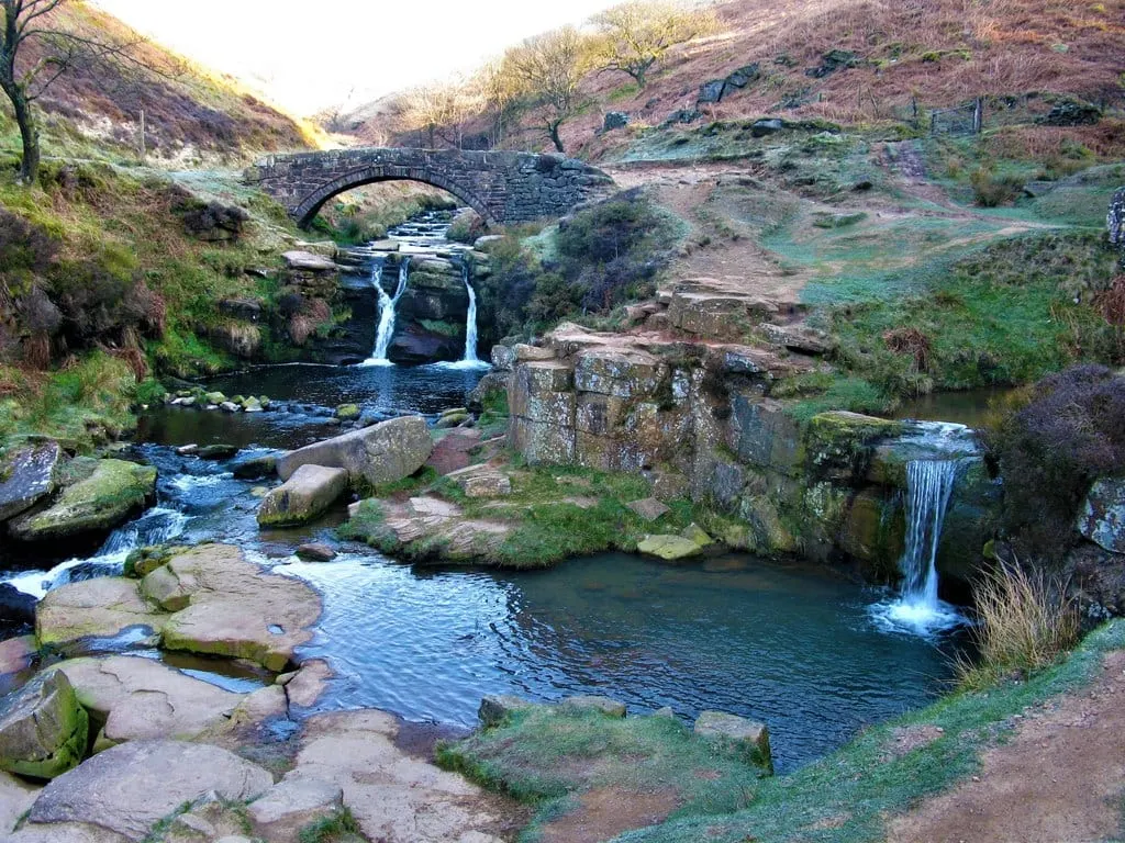 Photo of Three Shires Head, a waterfall near Flash in the Peak District, Staffordshire, central England.