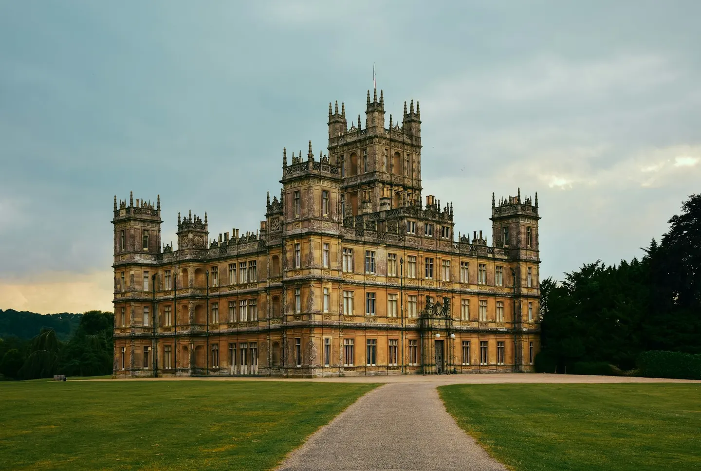 Photo of Highclere Castle, a Grade I registered house & garden near Kingsclere in the North Wessex Downs, Hampshire, south east England.