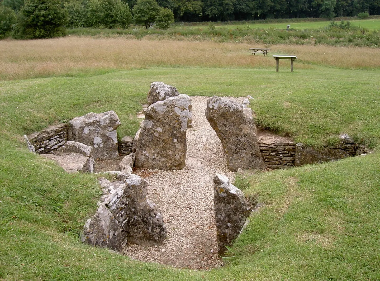 Photo of Nympsfield Long Barrow, a chambered tomb near Nailsworth in the Cotswolds, Gloucestershire, south west England.