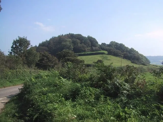 Photo of Sidbury Castle, the earthworks of a former castle in Devon, south west England.