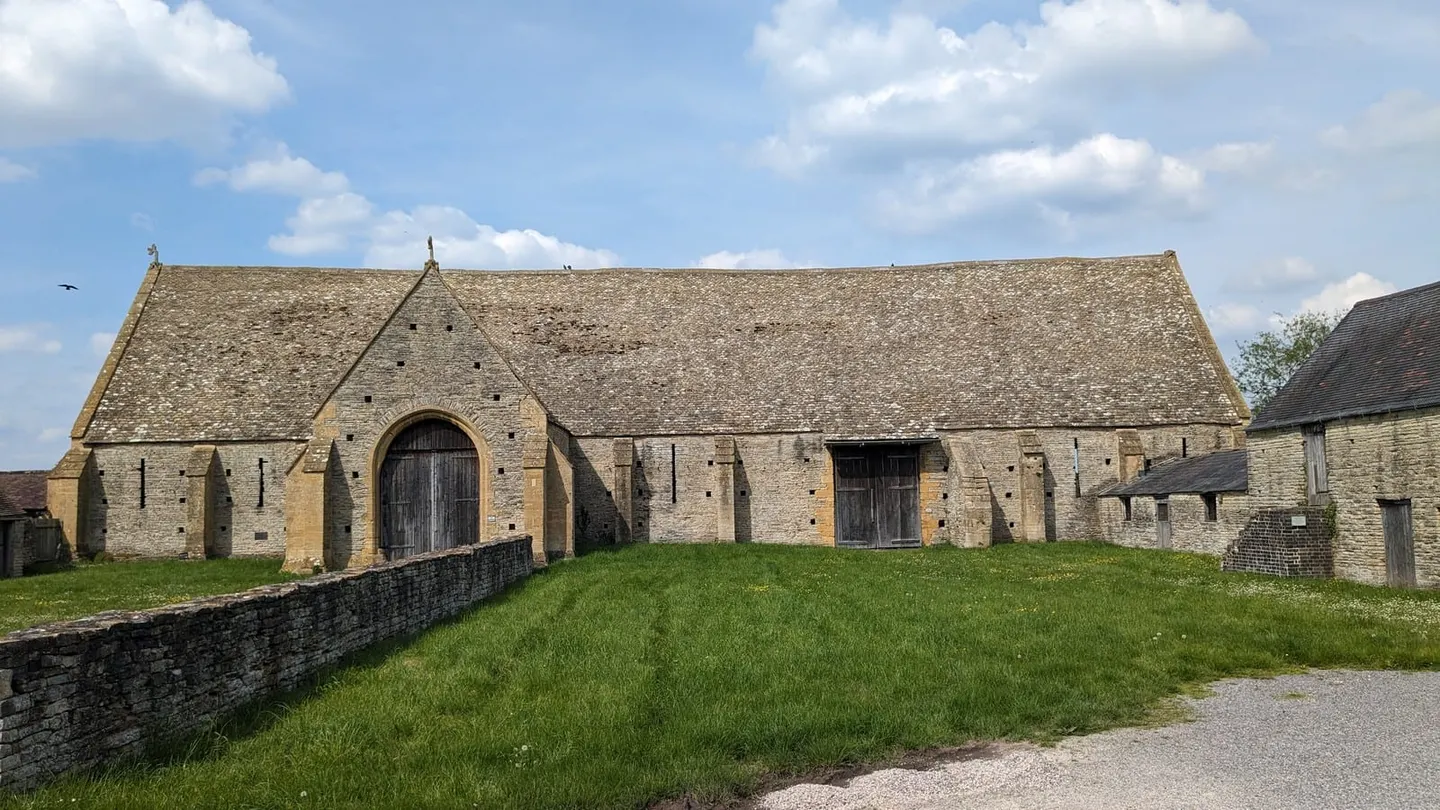 Photo of Middle Littleton Tithe Barn, an ancient site near Cleeve Prior, Worcestershire, central England.