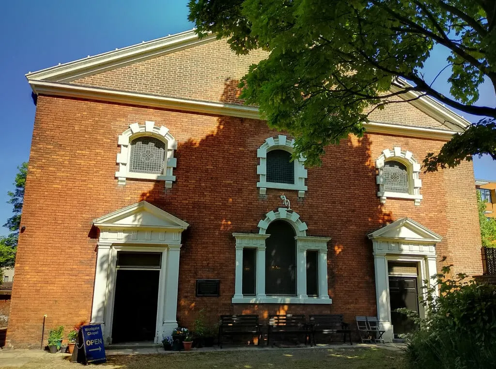 Photo of Westgate Unitarian Chapel, a church near Wakefield, West Yorkshire, northern England.