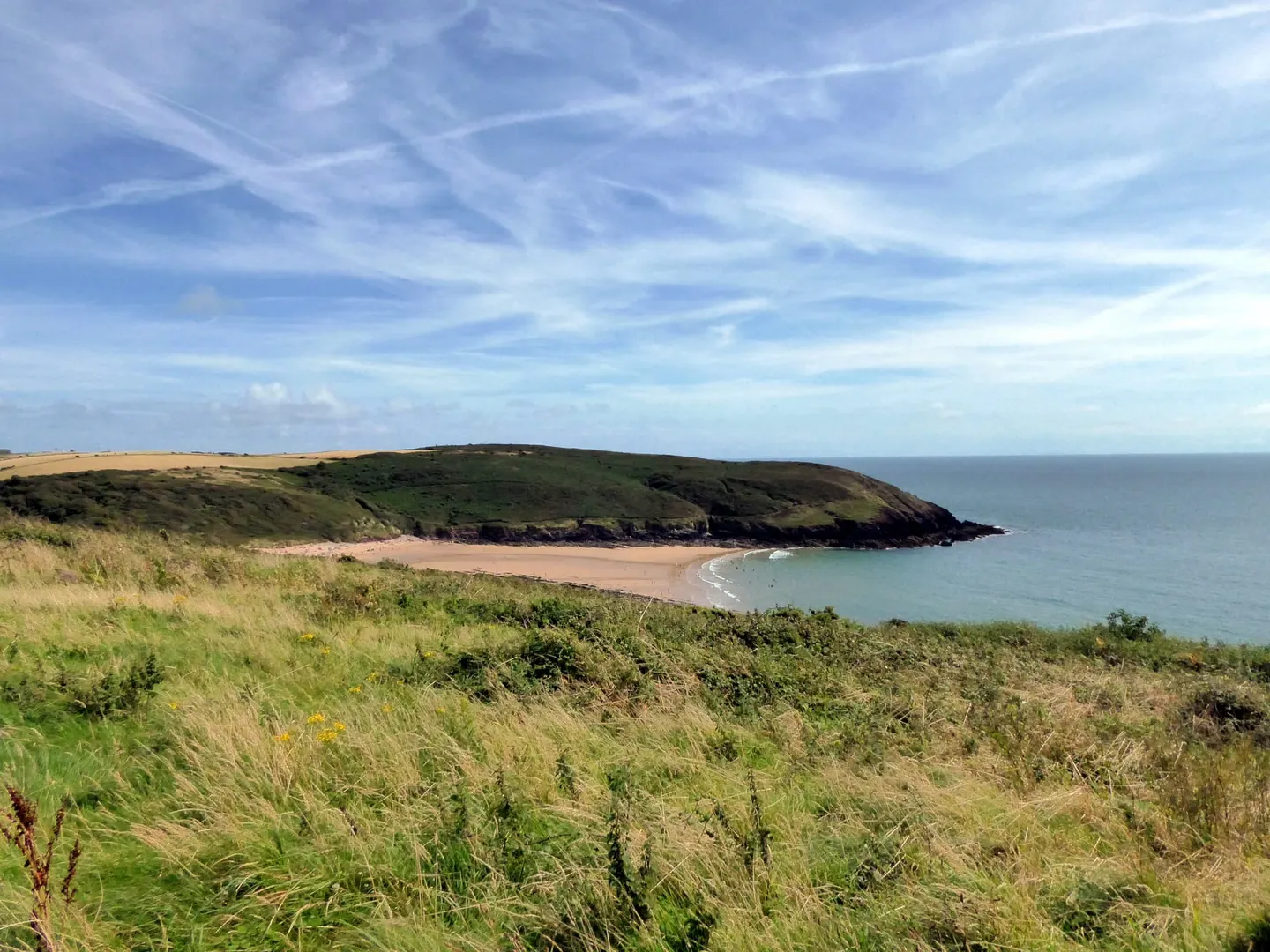 Photo of Manorbier Beach, a beach in Pembrokeshire, south west Wales.