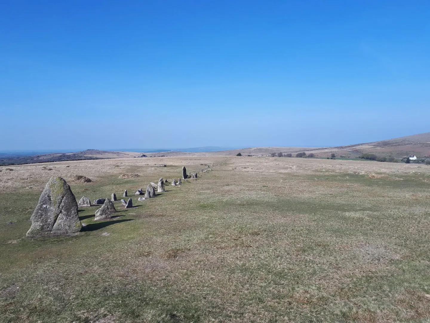 Photo of Merrivale Prehistoric Settlement, a stone row near Postbridge in Dartmoor, Devon, south west England.