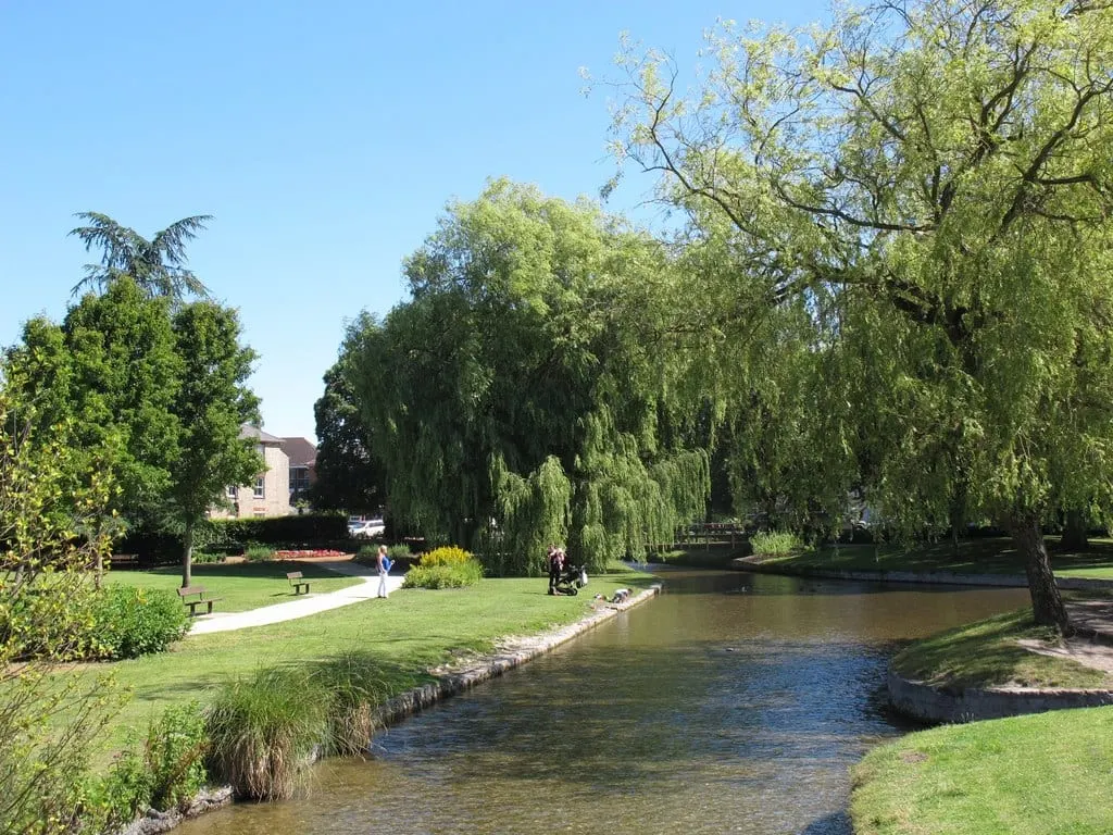 Photo of River Avon at Queen Elizabeth Gardens, a swimming spot near Salisbury, Wiltshire, south west England.