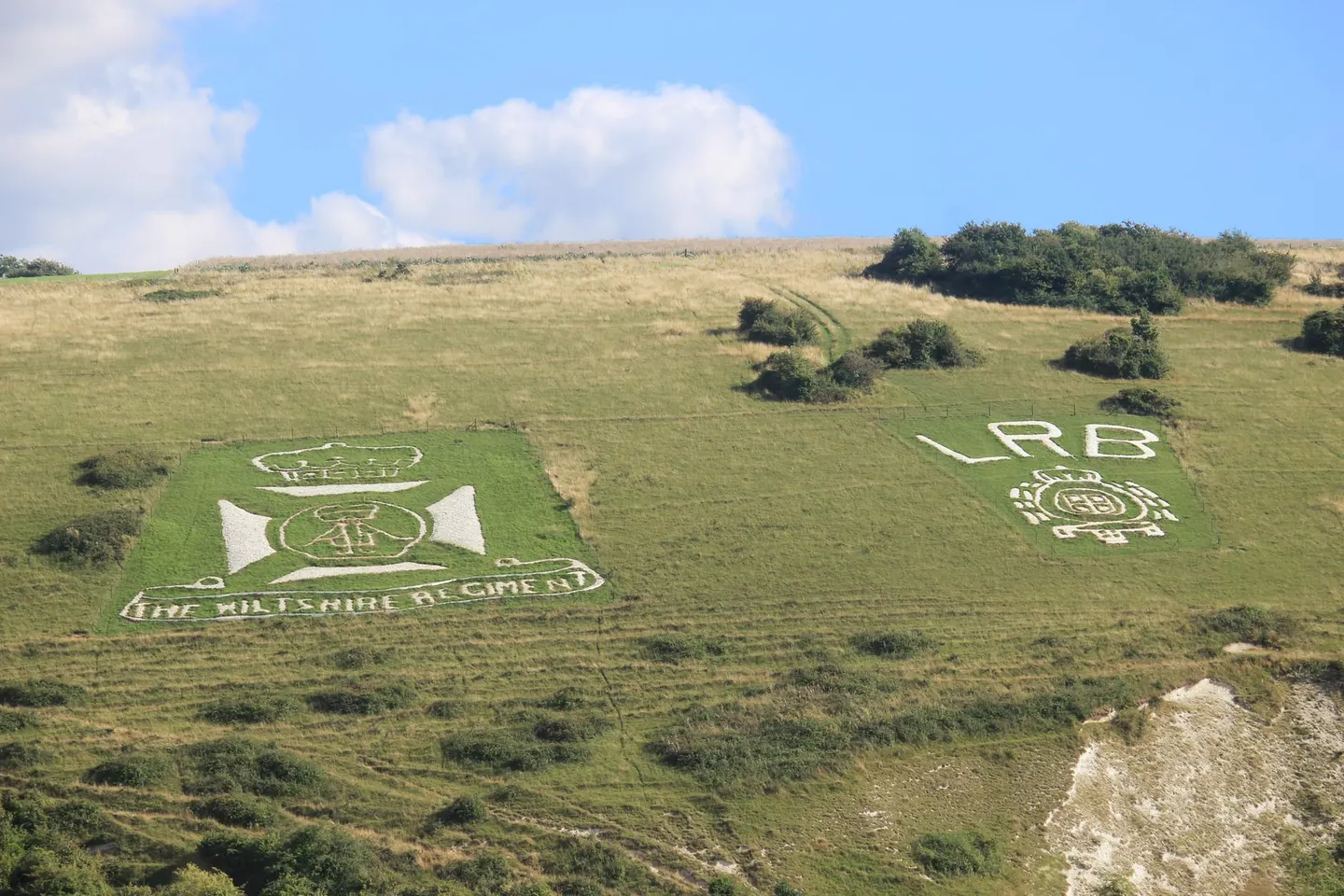 Photo of Fovant Badges, a hill figure near Broad Chalke, Wiltshire, south west England.