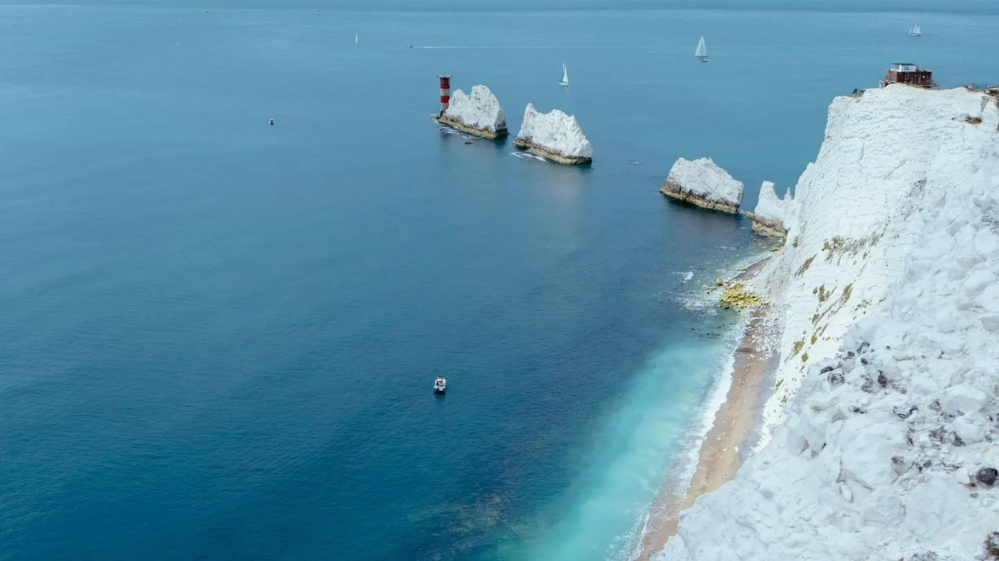 Photo of The Needles, a rock formation near Milford on Sea, the Isle of Wight, south east England.