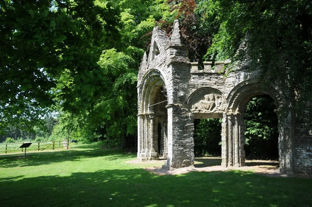 Photo of Shobdon Arches, a folly in Herefordshire, central England.