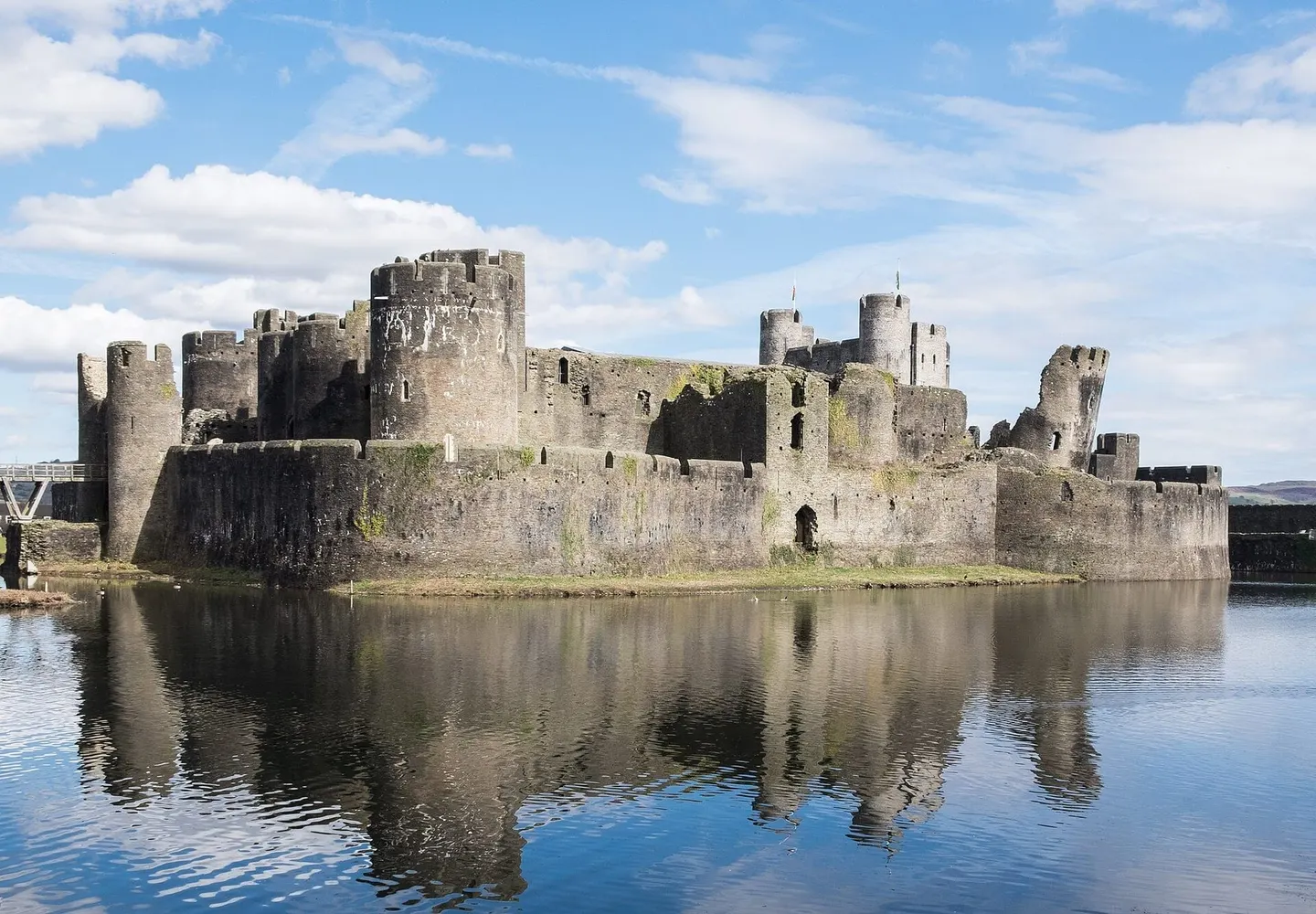 Photo of Caerphilly Castle, a ruined castle in Caerphilly, south east Wales.