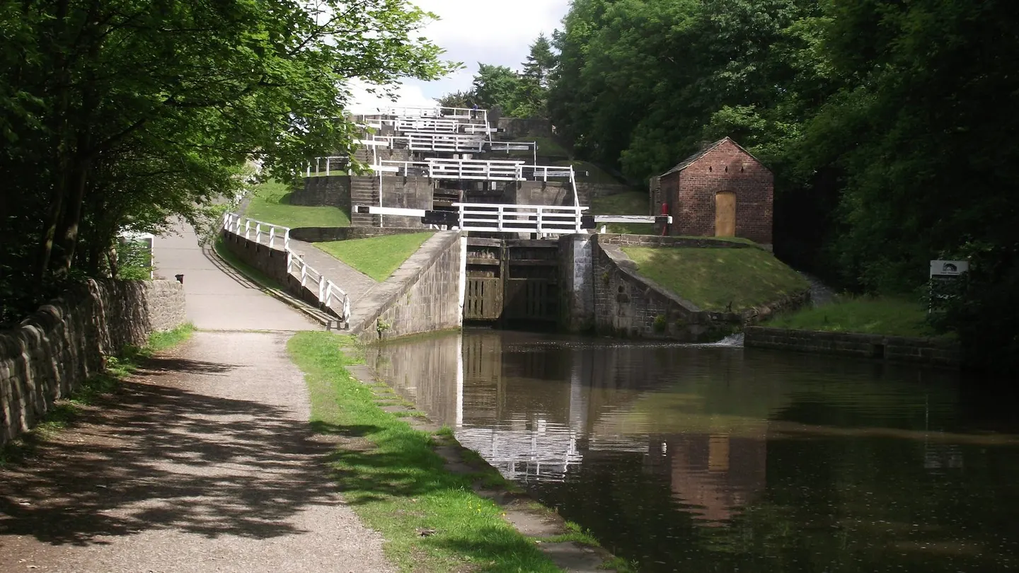 Photo of Bingley Five Rise Locks, a landmark near Saltaire, West Yorkshire, northern England.