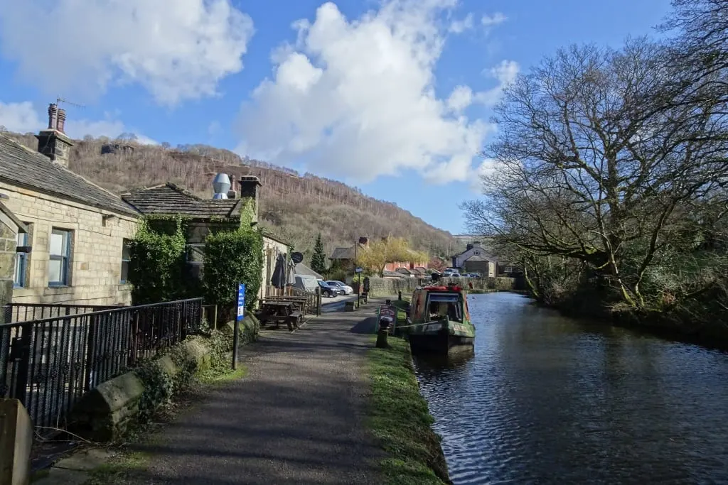 Photo of Stubbing Wharf, a pub near Hebden Bridge, West Yorkshire, northern England.