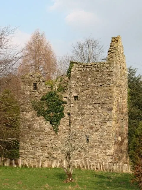 Photo of Comrie Castle, a ruined castle near Kenmore, Perth and Kinross, central Scotland.