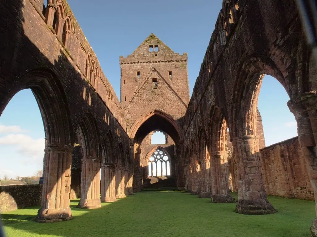 Photo of Sweetheart Abbey, a ruined abbey near New Abbey in the Nith Estuary, Dumfries and Galloway, southern Scotland.