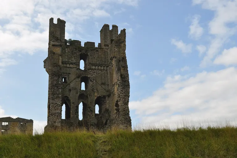 Photo of Helmsley Castle, a ringwork in the North York Moors, North Yorkshire, northern England.