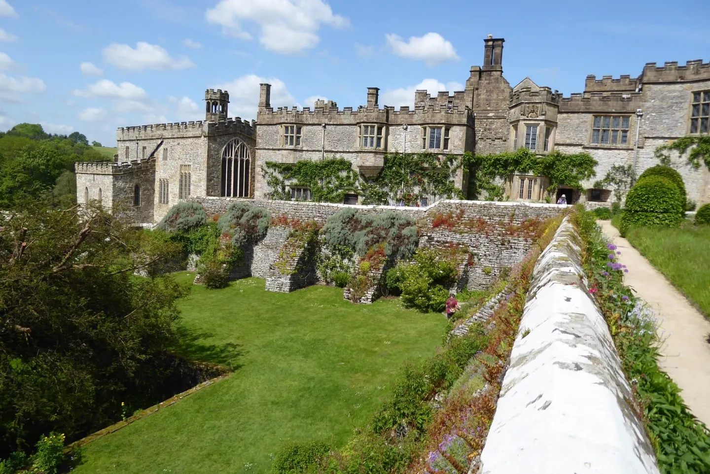 Photo of Haddon Hall, a Grade I registered house & garden near Bakewell in the Peak District, Derbyshire, central England.