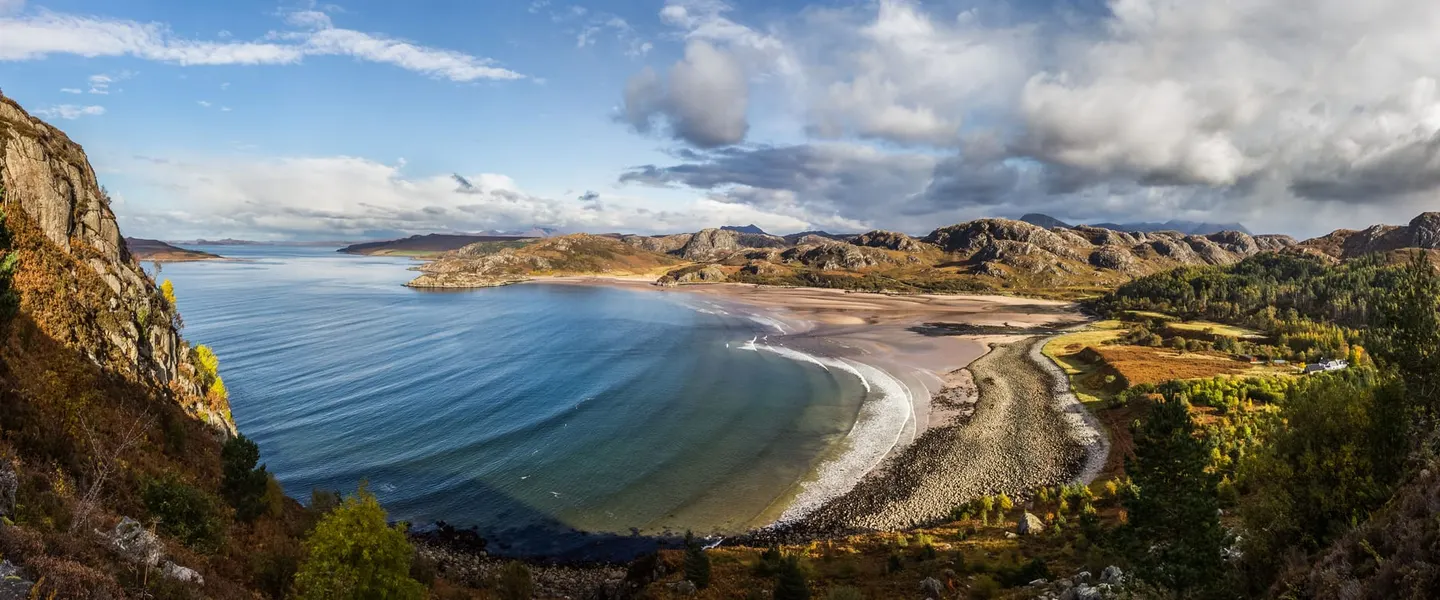 Photo of Gruinard Bay, a beach near Laide in the Wester Ross, Highland, the Scottish Highlands and Islands.