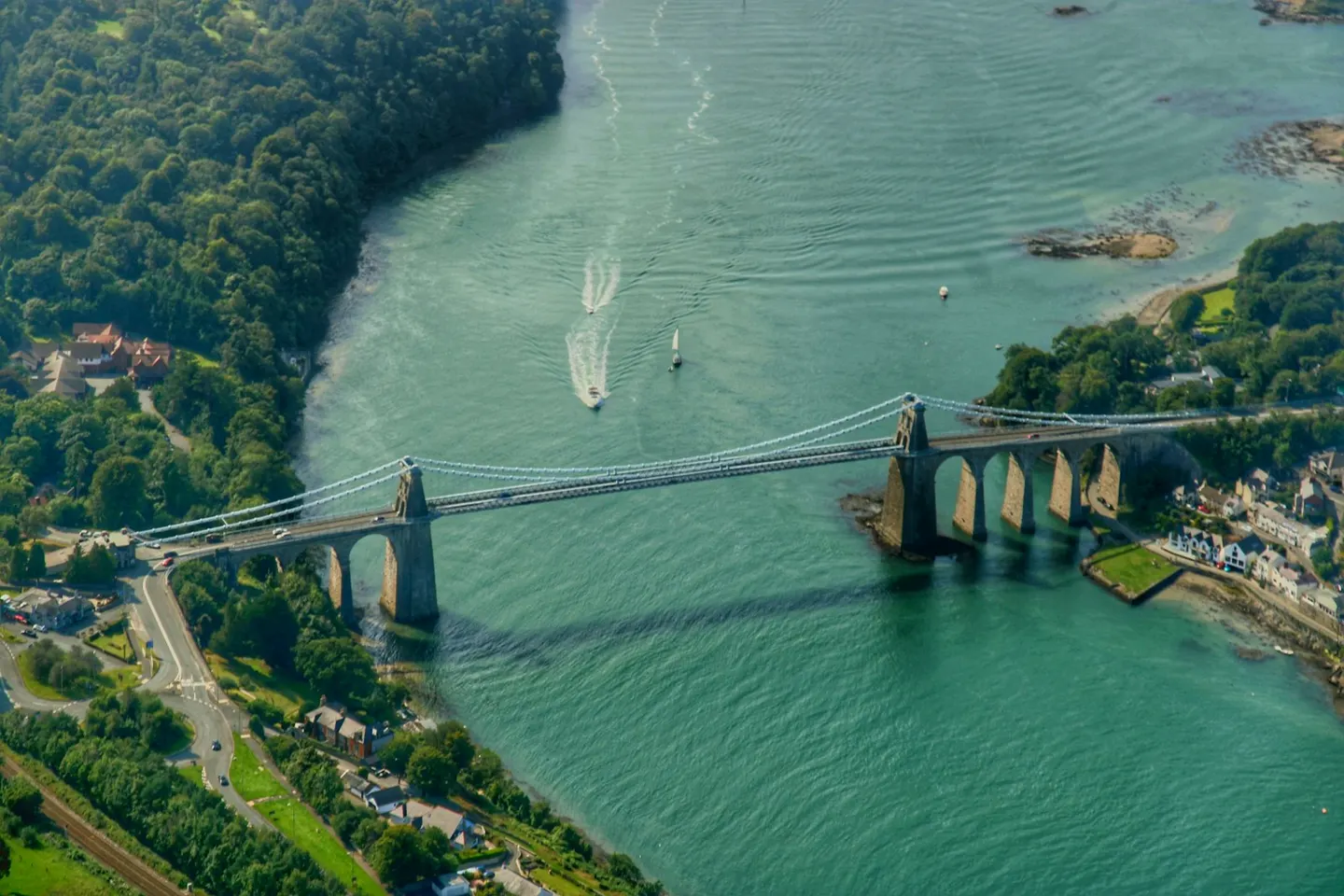 Photo of Menai Suspension Bridge, a landmark near Menai Bridge, Gwynedd, north Wales.