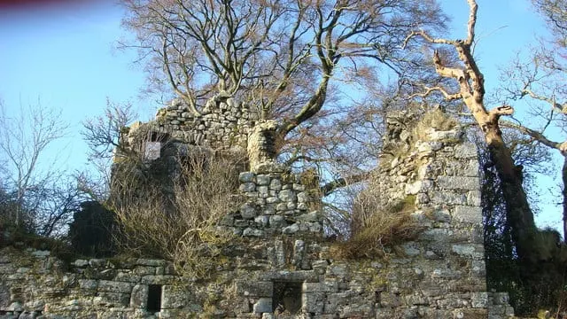 Photo of Brunston Castle, a ruined castle near Penicuik, Midlothian, central Scotland.