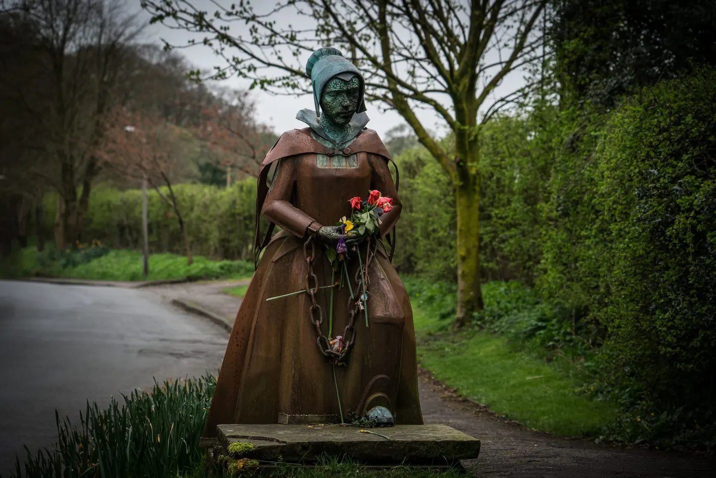 Photo of Alice Nutter Statue, a landmark near Roughlee in the Forest of Bowland, Lancashire, north west England.