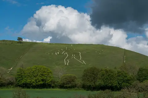 Photo of Cerne Abbas Giant, a hill figure in Dorset, south west England.