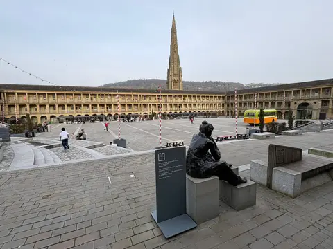 Photo of The Piece Hall, a landmark near Sowerby Bridge, West Yorkshire, northern England.
