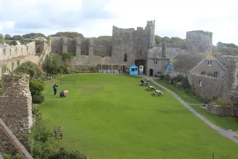Photo of Manorbier Castle, a ruined castle in Pembrokeshire, south west Wales.