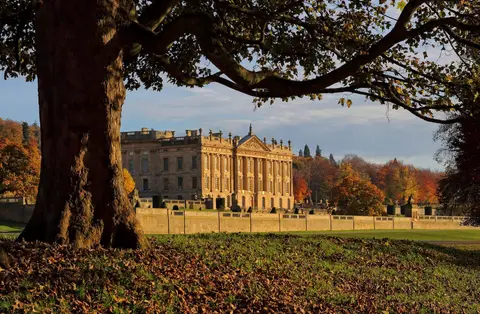 Photo of Chatsworth House, a Grade I registered house & garden near Edensor in the Peak District, Derbyshire, central England.