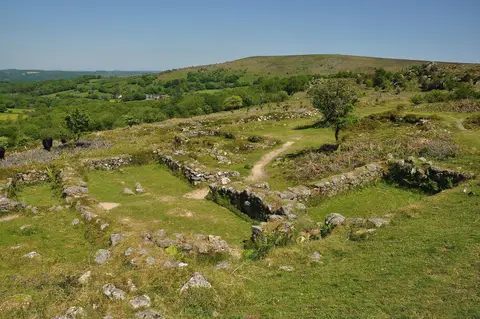Photo of Hound Tor Medieval Village, a landmark near Widecombe-in-the-Moor in Dartmoor, Devon, south west England.