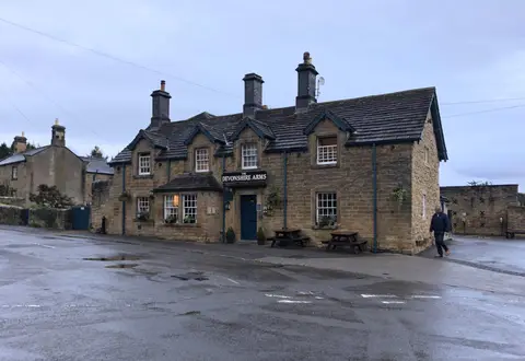 Photo of The Devonshire Arms at Pilsley, a pub in the Peak District, Derbyshire, central England.