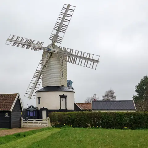 Photo of Saxtead Green Post Mill, a windmill in Suffolk, eastern England.