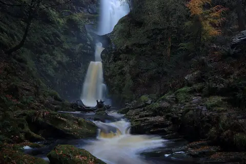 Photo of Pistyll Rhaeadr, a waterfall near Llanarmon Dyffryn Ceiriog, the Powys, mid Wales.