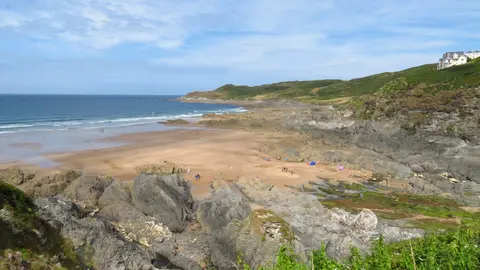 Photo of Combesgate Beach, Woolacombe, a swimming spot near Mortehoe, Devon, south west England.