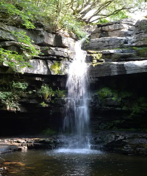 Photo of Summerhill Force and Gibson's Cave, a waterfall near Holwick in the North Pennines, County Durham, north east England.