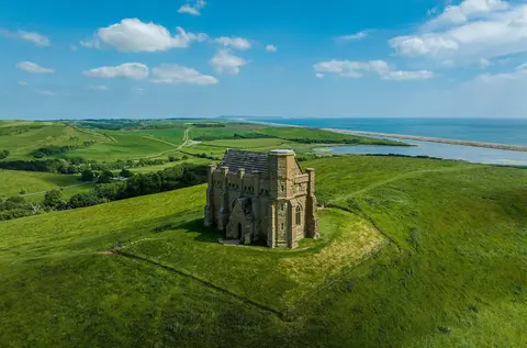 Photo of St Catherine's Chapel, Abbotsbury, a ruined chapel in Dorset, south west England.